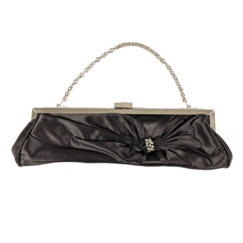 Sasha New York Baguette Clutch Purse Black Satin Rhinestone Bag Formal Glam